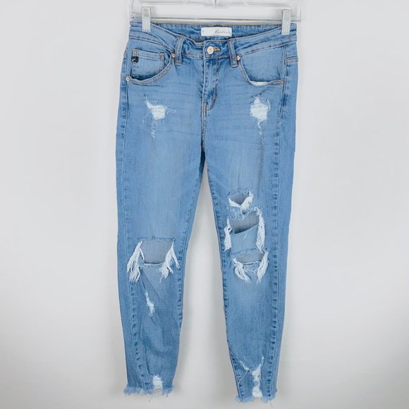 Kancan Lt Wash Fringed Hem Crop Jeans 7 27 - Picture 1 of 10